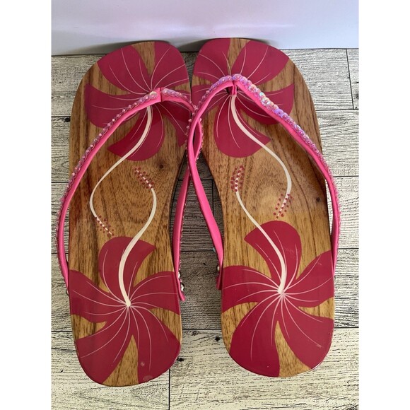 Hawaiian Hand Painted Lacquer Wood Flip Flop Sandals Size 7 Pink New - Picture 1 of 9